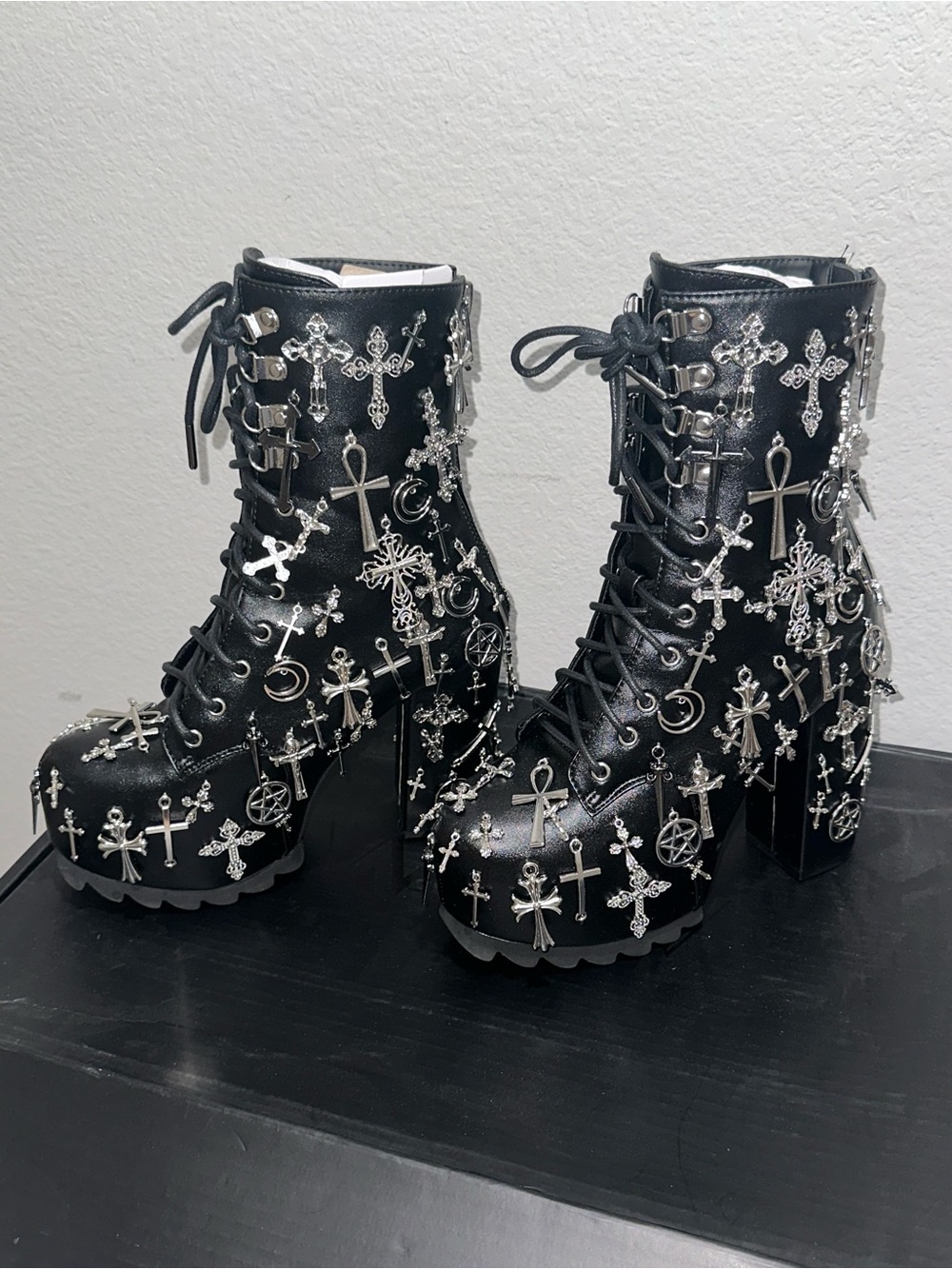 Black Gothic Platform Lace-Up Ankle Boots with Silver Cross Accents